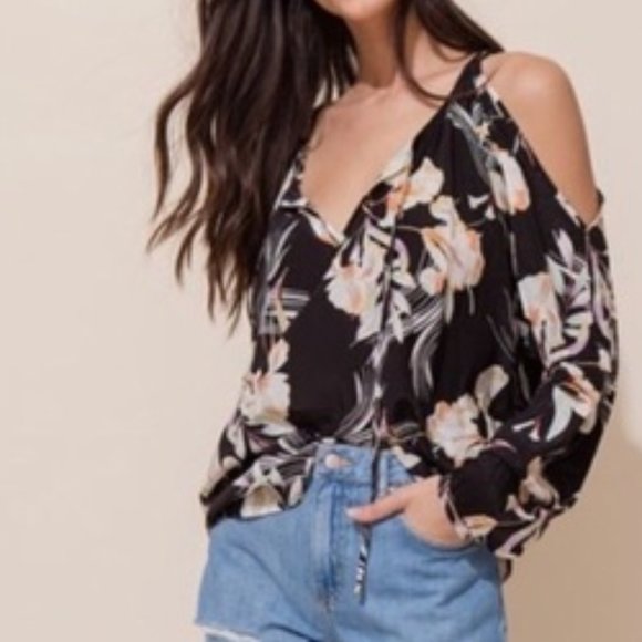 Yumi Kim Tops - Yumi Kim Morning Glory Top Bay Breeze Black Cold Shoulder Floral 100% Silk XS